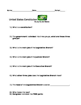Preview of United States Constitution Study Guide Questions