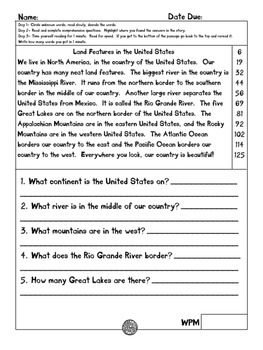 United States land features fluency and comprehension leveled passages