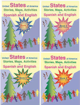 Preview of United States of America Stories, Maps, Activities in Spanish and English Bundle