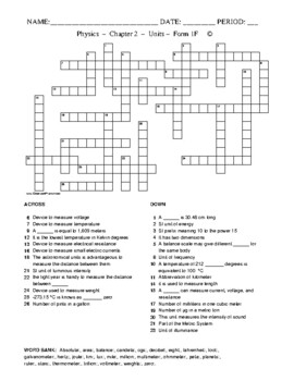 Units: Physics Crossword with Word Bank Worksheet Form 1 by Ceres Science