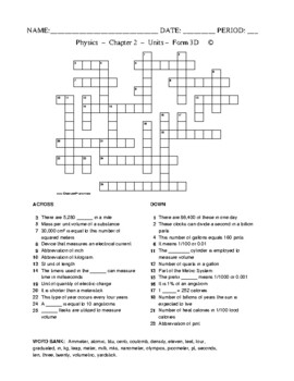 Units High School Physics Crossword with Word Bank Worksheet Form 3