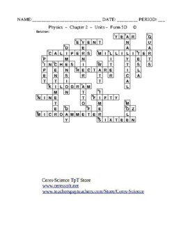 Units High School Physics Crossword with Word Bank Worksheet Form 5