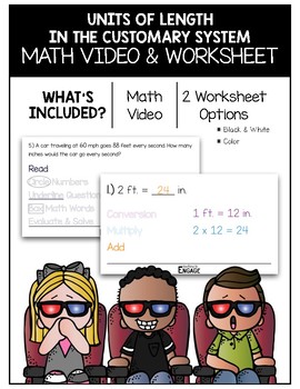 Preview of 4.MD.1 - 2: Units of Length in the Customary System Math Video and Worksheet