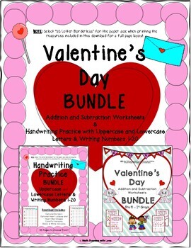 Preview of Valentine's Day Addition & Subtraction Worksheets and Handwriting BUNDLE