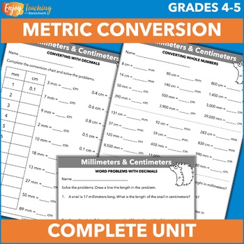 Preview of Metric Conversions: Charts, Worksheets, Test with Decimals 4th or 5th Grade