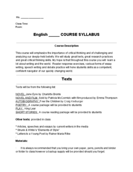 Preview of Universal English Syllabus - Outline stays same, just change texts, class # etc
