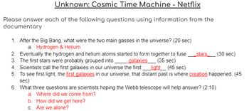 Preview of Unknown: Cosmic Time Machine Answer Key