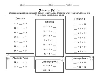 Unknown Factors Worksheet Division Multiplication by TLTussing | TpT