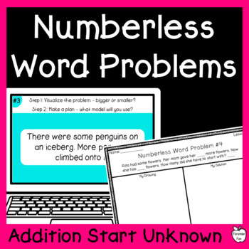 Preview of Unknown Start Word Problems for Single Digit Addition Sums to 20 - Numberless