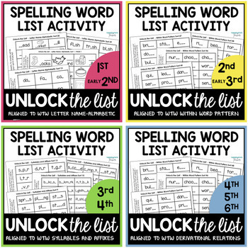 Preview of Unlock the List Fill in the Missing Letters Spelling Word List Activity Bundle