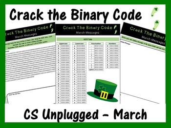 Preview of Unplugged Coding Computer Worksheets Crack the Binary Code March Message
