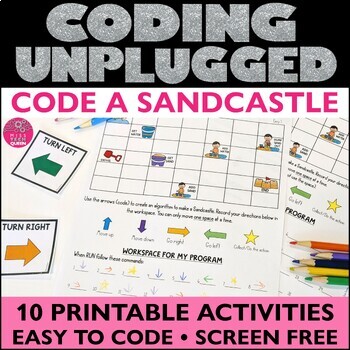 Preview of Unplugged Coding How to Code a Sandcastle STEM Coding Worksheets Summer Beach