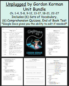 Preview of Unplugged by Gordon Korman - Unit Bundle - Vocabulary, Comprehension, Test - Doc