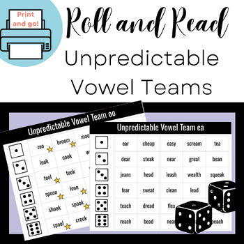 Unpredictable Vowel Teams Roll and Read by Enchantment EDU | TPT