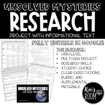 Preview of Unsolved Mysteries ELA Research Project - Editable in Google Drive!
