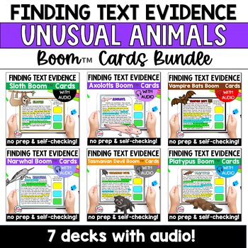 Preview of Unusual Animals Finding Citing Text Evidence Reading Boom Cards Task with Audio