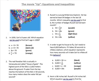 Preview of Up the movie questions: Equations and Inequalities