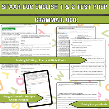 Preview of Updated! STAAR EOC ELA Test Prep - Rev/Edit + Poetry - "Grammar, Ugh!" theme!