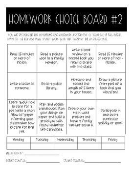 homework choice board activities