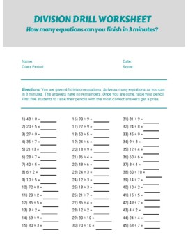 Preview of Upper Elementary Math Division Drill Worksheet of 45 Problems Distance Learning