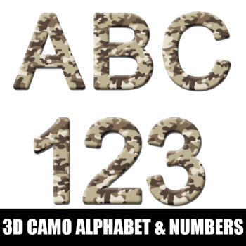 Preview of Uppercase Camo Alphabet Letters And Numbers - KG 3D Toy Text PNG Printables
