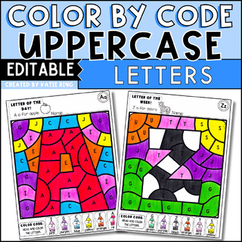 Preview of Uppercase Letter Recognition Editable Kindergarten Color by Code Worksheets