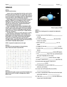 Preview of Uranus- Article, Questions, Wordsearch, and Hidden Message!