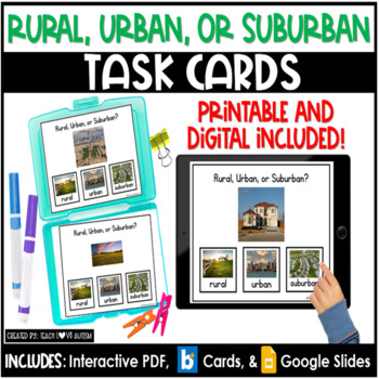 Preview of Urban, Rural, & Suburban Communities | Social Studies Task Cards | Boom Cards