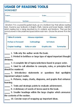 Preview of Usage of Reading Tools Activity Worksheet