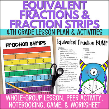 Preview of Fraction Strips & Equivalent Fractions Models Game, Anchor Chart, & Practice