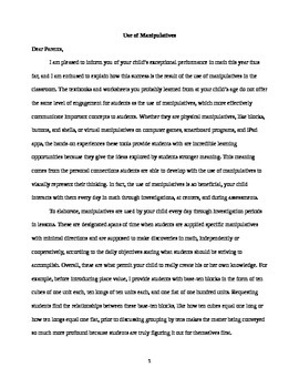 Preview of Use Of Manipulatives Persuasive Parent Letter