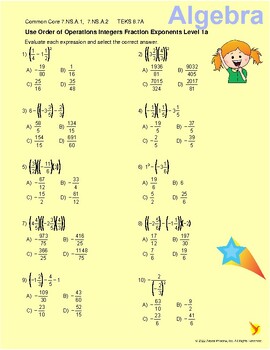 Preview of Use Order of Operations Integers Fractions Exponents Level 1a 7nsa1 7nsa2 6.7A