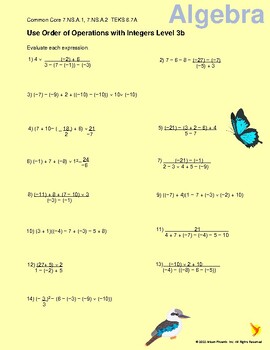 Preview of Use Order of Operations with Integers Level 3b 7nsa1 7nsa2 6.7A