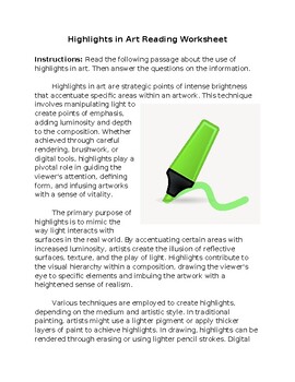 Preview of Use of Highlights in Art Reading Worksheet **Editable**
