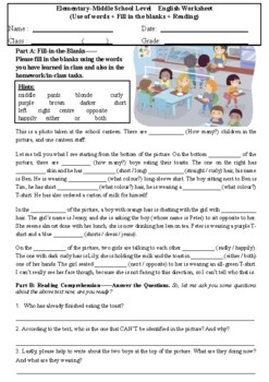 Preview of Use of words + Fill in the blanks + Reading Worksheet