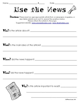 Preview of Use the News - Current Events Article Worksheet/Homework