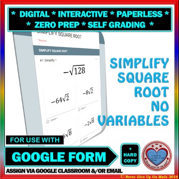 Preview of Use with Google Forms: Simplify Square Root Quiz or Homework