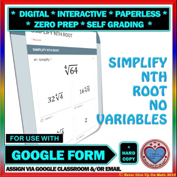 Preview of Use with Google Forms: Simplify nth Root Quiz or Homework