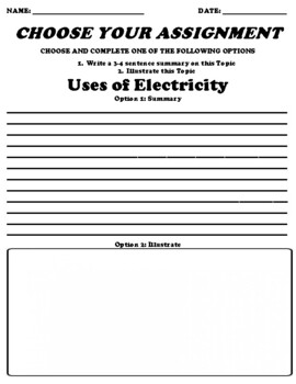 Preview of Uses of Electricity Choice Board Worksheet