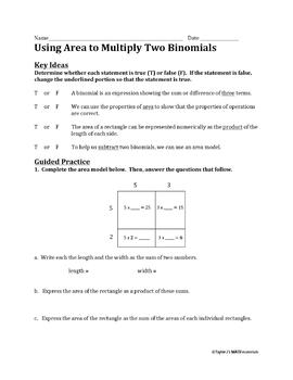 Using Area to Multiply Two Binomials Worksheet by Taylor J's Math Materials