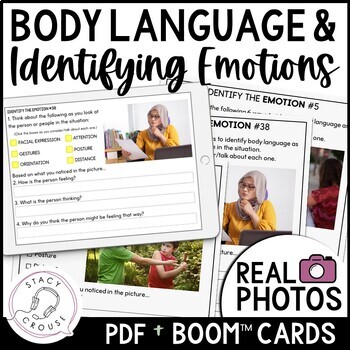 Preview of Body Language & Emotions Speech Therapy Social Skills Worksheets + Boom™ Cards