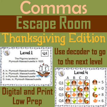 Preview of Using Commas Activity: Thanksgiving Escape Room ELA