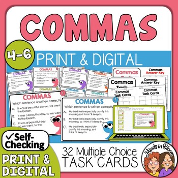 Preview of Comma Task Cards - Multiple Choice - Print or Digital with Easel and Google Apps