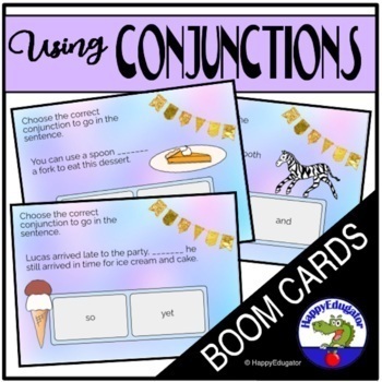 Preview of Using Conjunctions BOOM CARDS with Easel Assessment