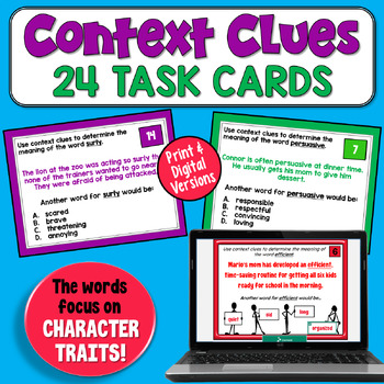 Preview of Context Clues to Define Character Traits Task Cards: Practice Passages 4th & 5th