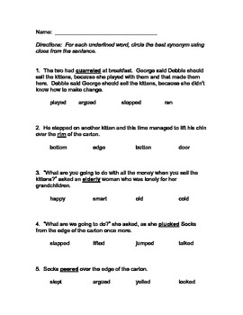 Determine the Meaning of Words Using Synonyms in Context #2, Worksheet, Education.com