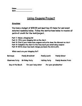 Preview of Buying Food - Using Coupons Project (Real World Math)