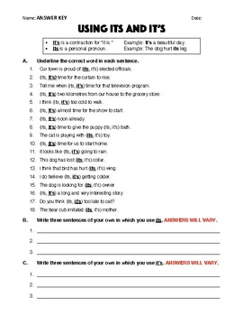 Using Its And It S Worksheet And Answer Key By Robert S Resources