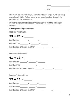 Preview of Using Mental Math Strategies to Add Larger Numbers Worksheet