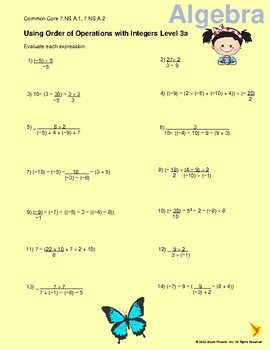 Preview of Using Order of Operations with Integers Level 3a 7nsa1 7nsa2